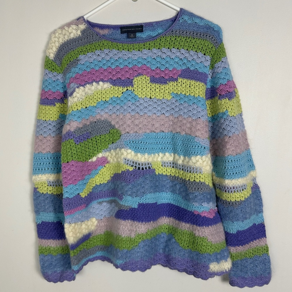 Northern Isles Pastel Knit Sweater Womens Size Medium Wool Blend Crochet Soft M